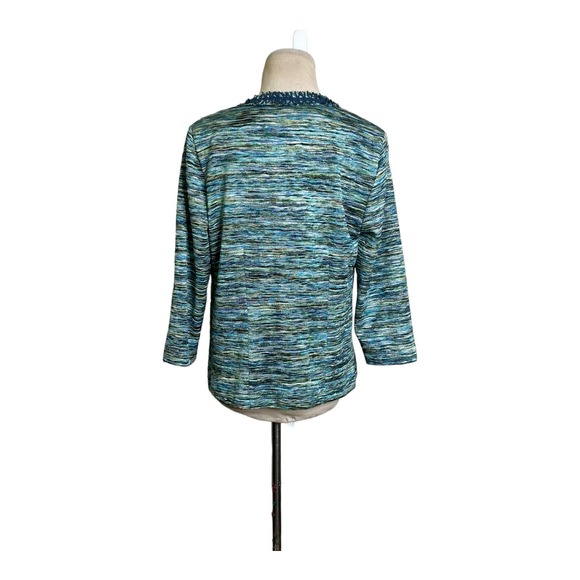 Chico's Green Tweet Open Front Pockets Lined Fringe Trim Blazer Jacket size 1- M - Picture 3 of 9